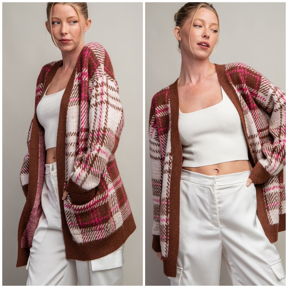 ee:some Cozy Chic Brown Plaid Cardigan - Picture 7 of 13